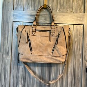 Tan faux suede handbag with long handle included